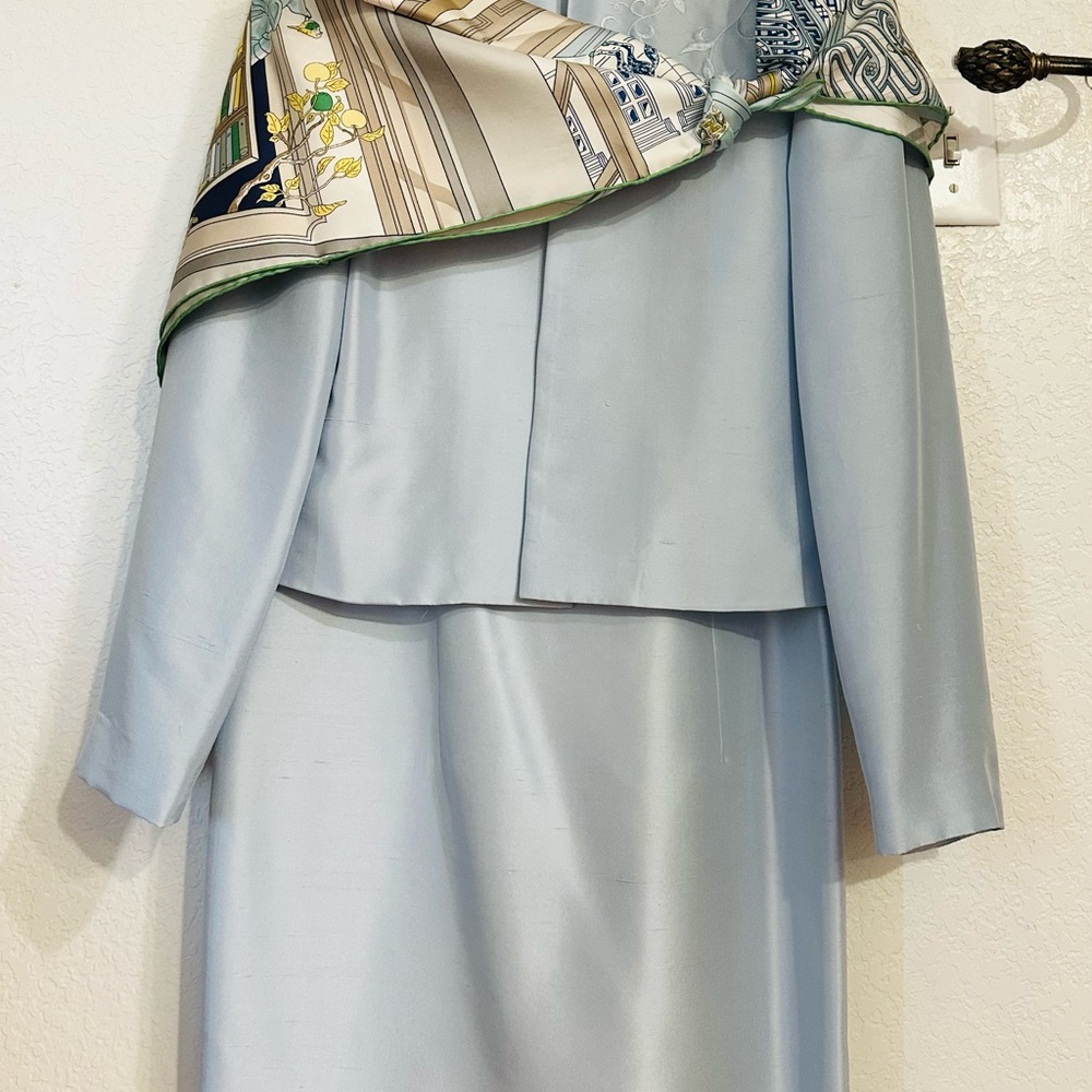 Elegant Light Blue 
Silk Suit with Hermes Scarf